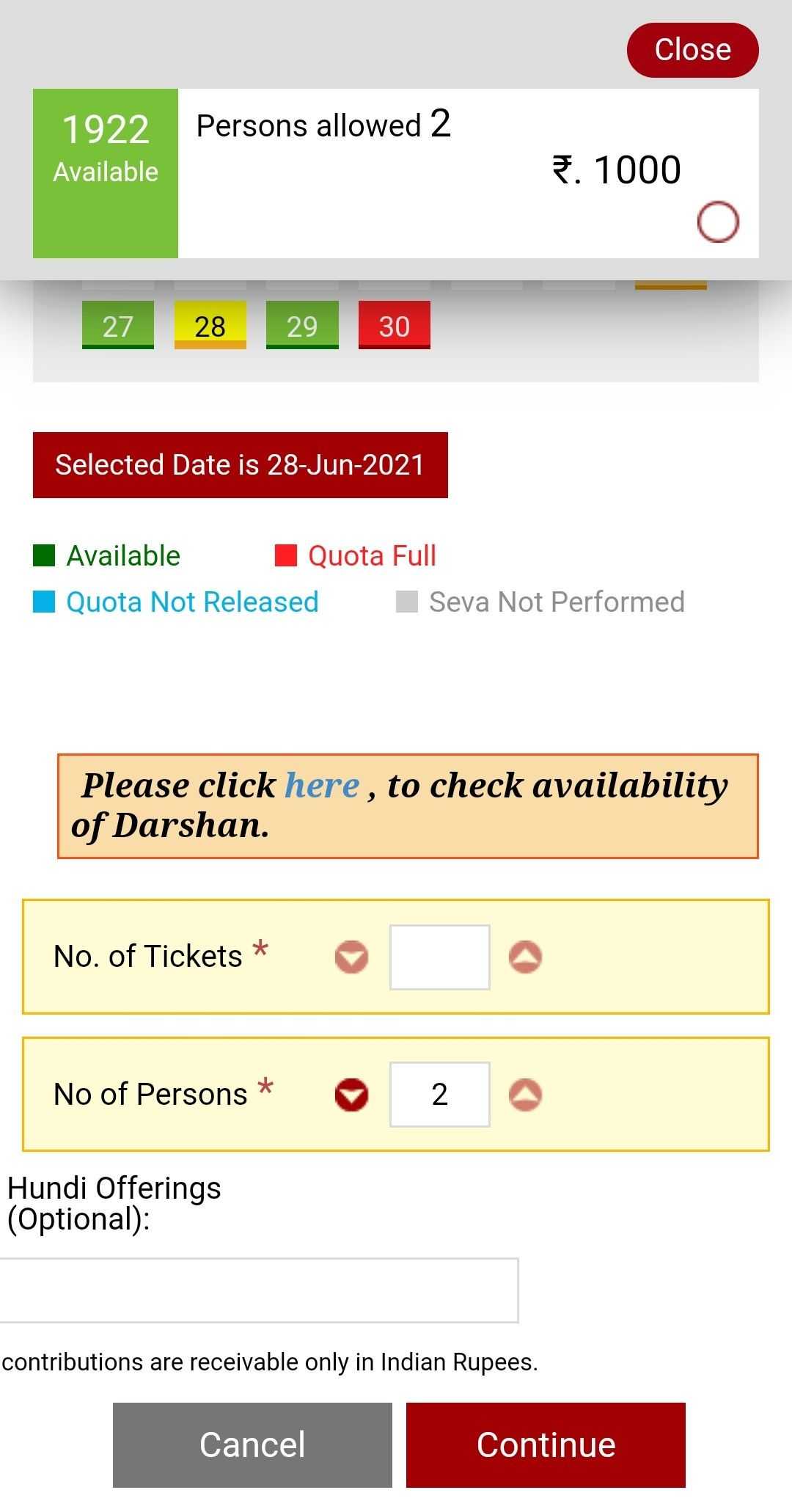 Select suitable date and check the box next to Rs. 1000 and click continue