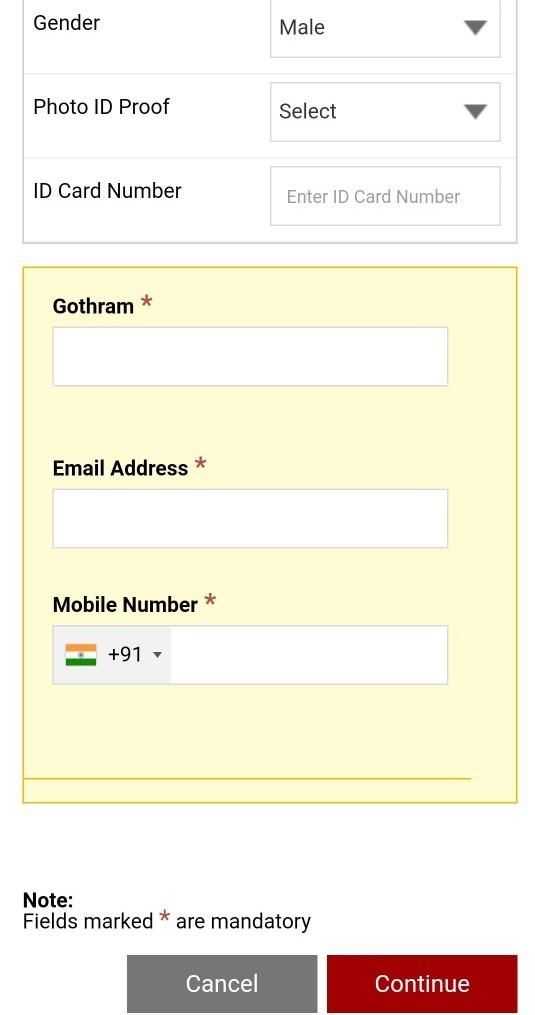 Give gothram, email and mobile number of one of the devotees and press Continue