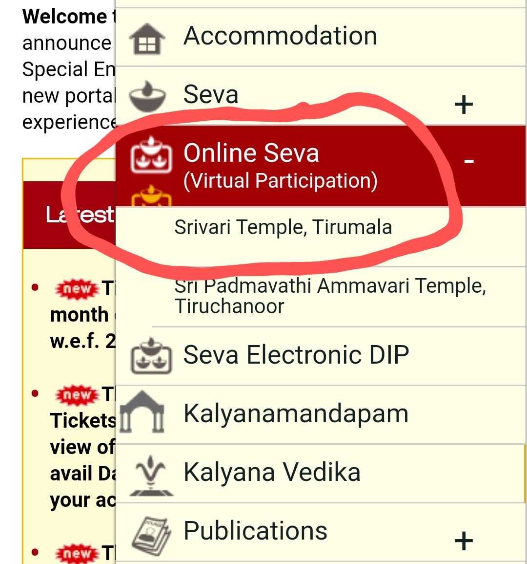 Click on Online Seva > Srivari Temple, Tirumala